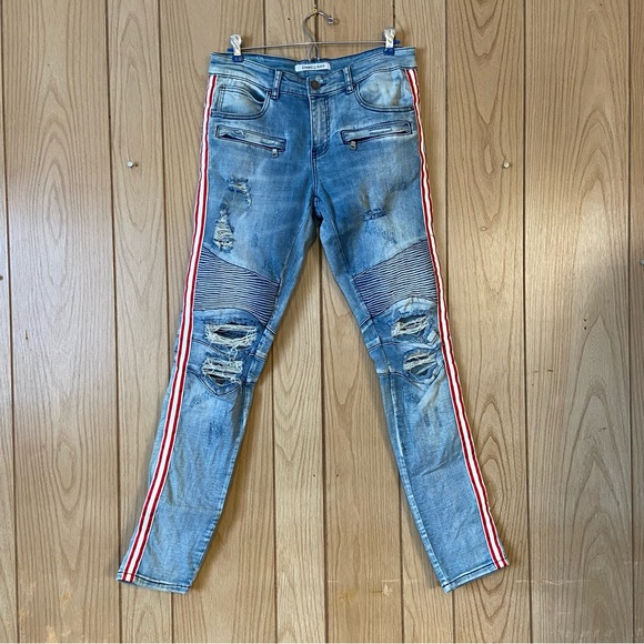 Embellish Mens light wash distressed jeans red/white stripe sides slim fit - Picture 1 of 8